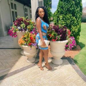 BLUE MULTI COLOR SLINKY COWL NECK DRESS